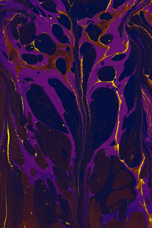 Free A vibrant abstract fluid art piece with swirling purple and gold patterns creating a mesmerizing visual effect. Stock Photo