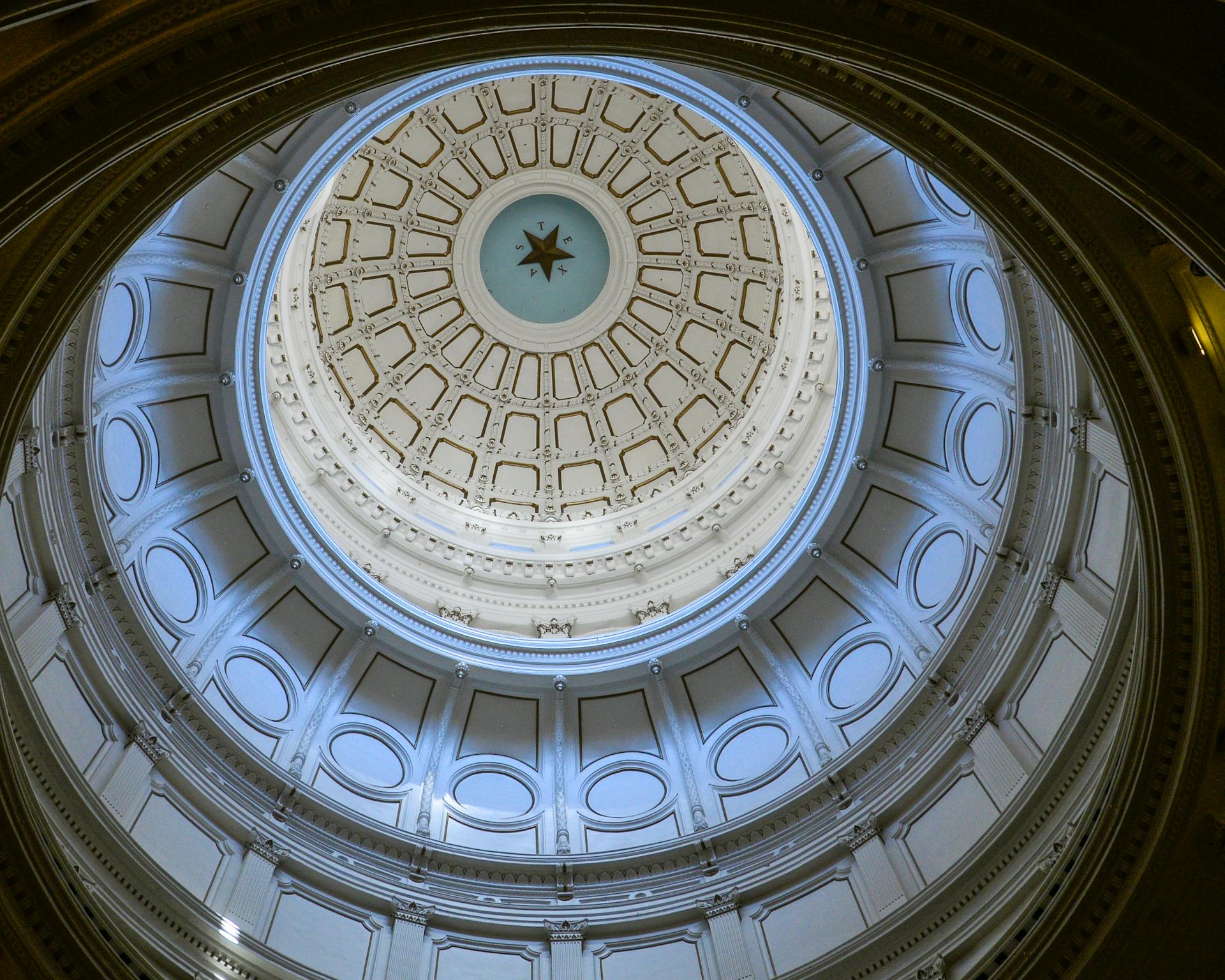 Intricate interior view of the Texas State Capitol dome in Austin, TX.