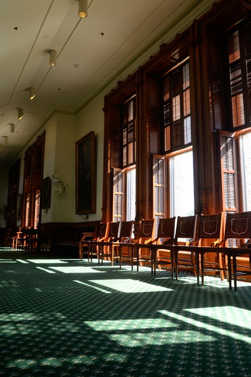 Free Sunlit room with classic decor, wooden chairs, and patterned carpet creating an inviting atmosphere. Stock Photo