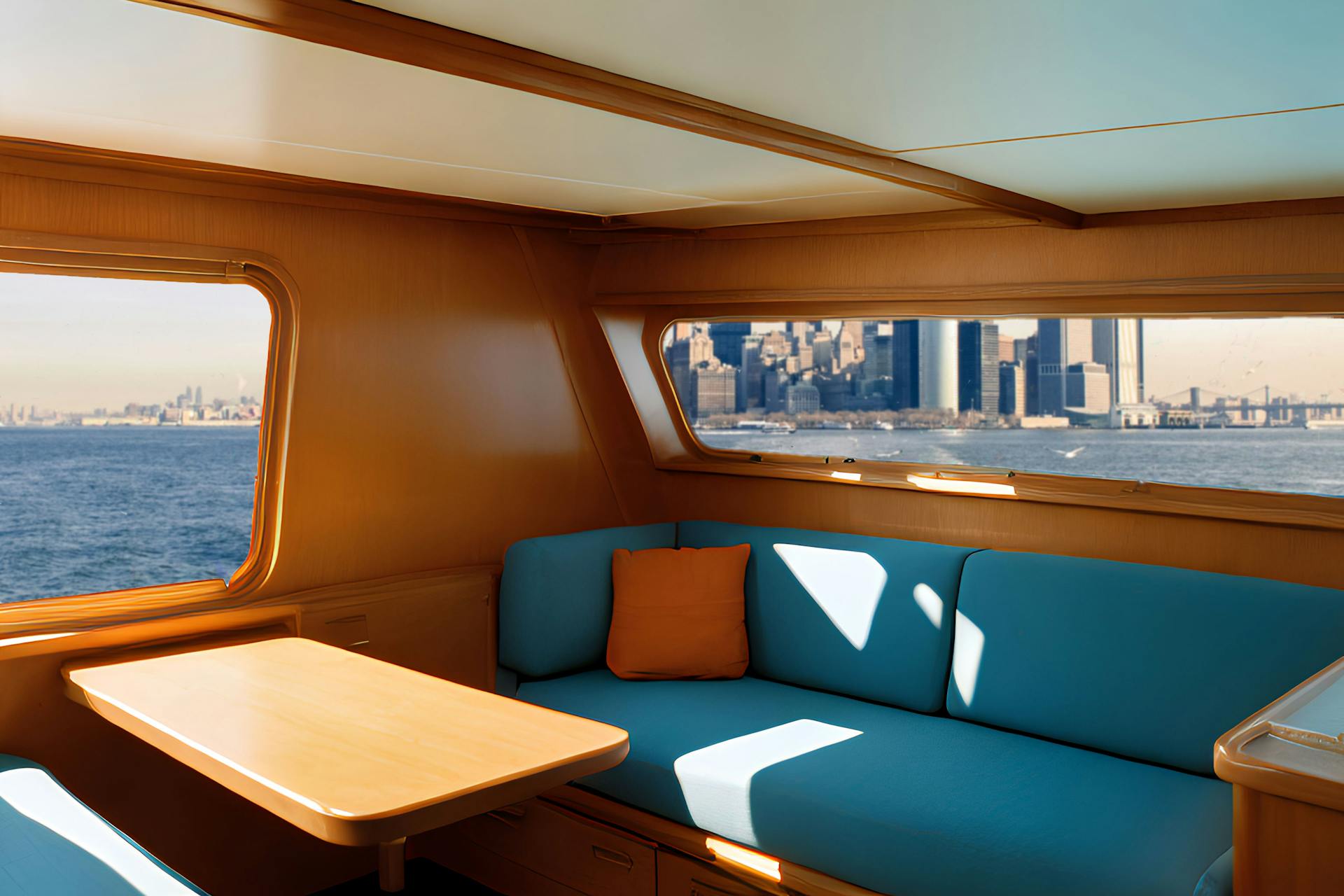 Spacious yacht cabin with modern decor overlooking the Manhattan skyline.