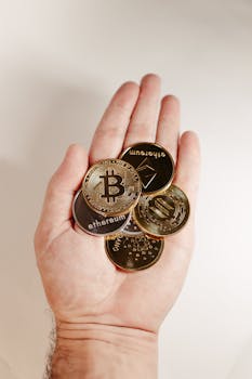 A hand holds various cryptocurrency coins including Bitcoin, Ethereum, and others.