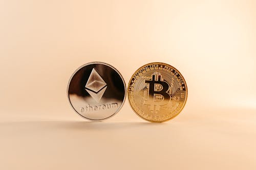 Close Up of Bitcoin and Etheroum Crypto Currency Coin