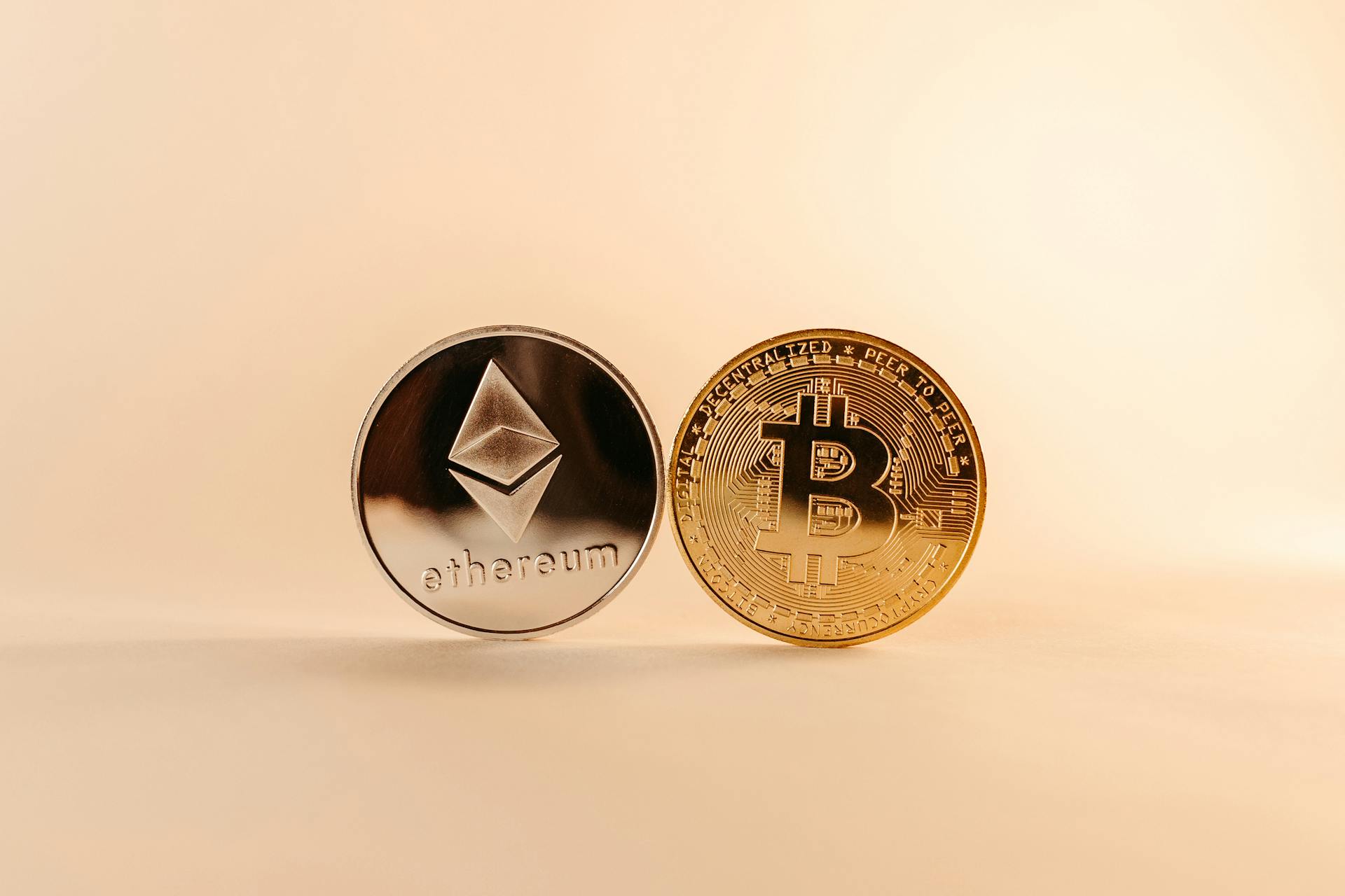 Close Up of Bitcoin and Etheroum Crypto Currency Coin