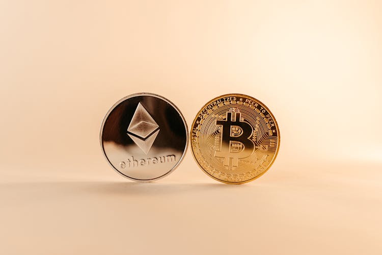 Close Up Of Bitcoin And Etheroum Crypto Currency Coin