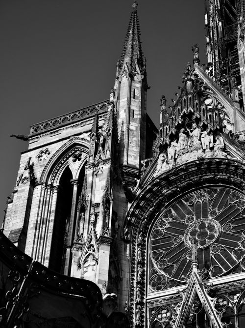 Free Detailed view of the Gothic-style facade of Rouen Cathedral in Normandy, France. Stock Photo