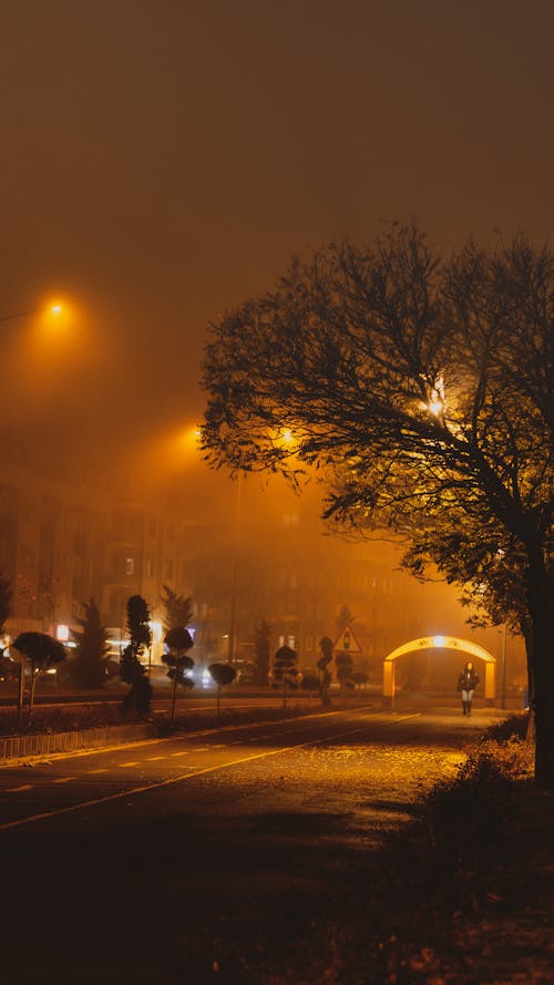 Woman Walking Along an Empty Street at Foggy Night