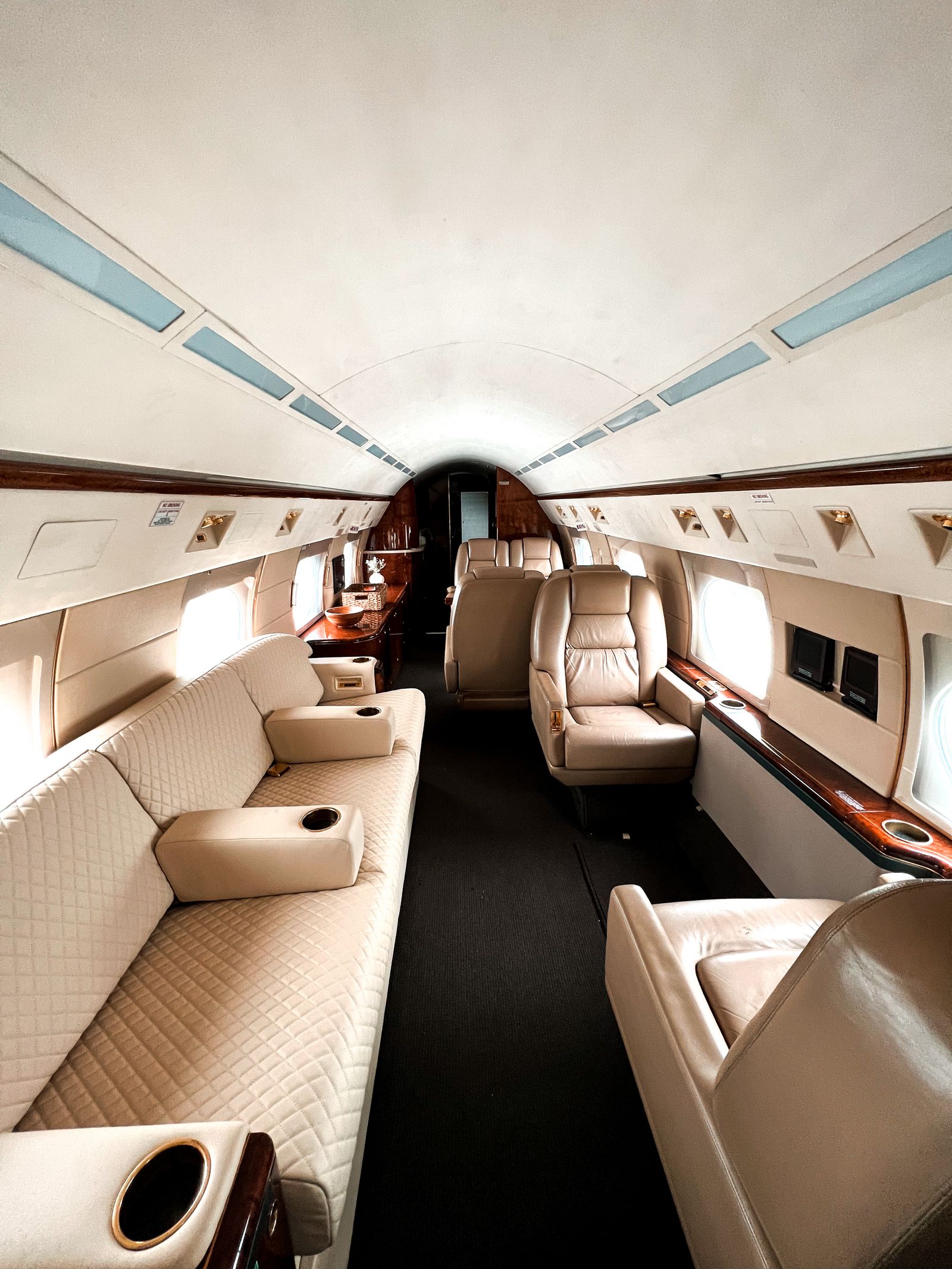 Elegant private jet interior featuring plush seating and fine craftsmanship