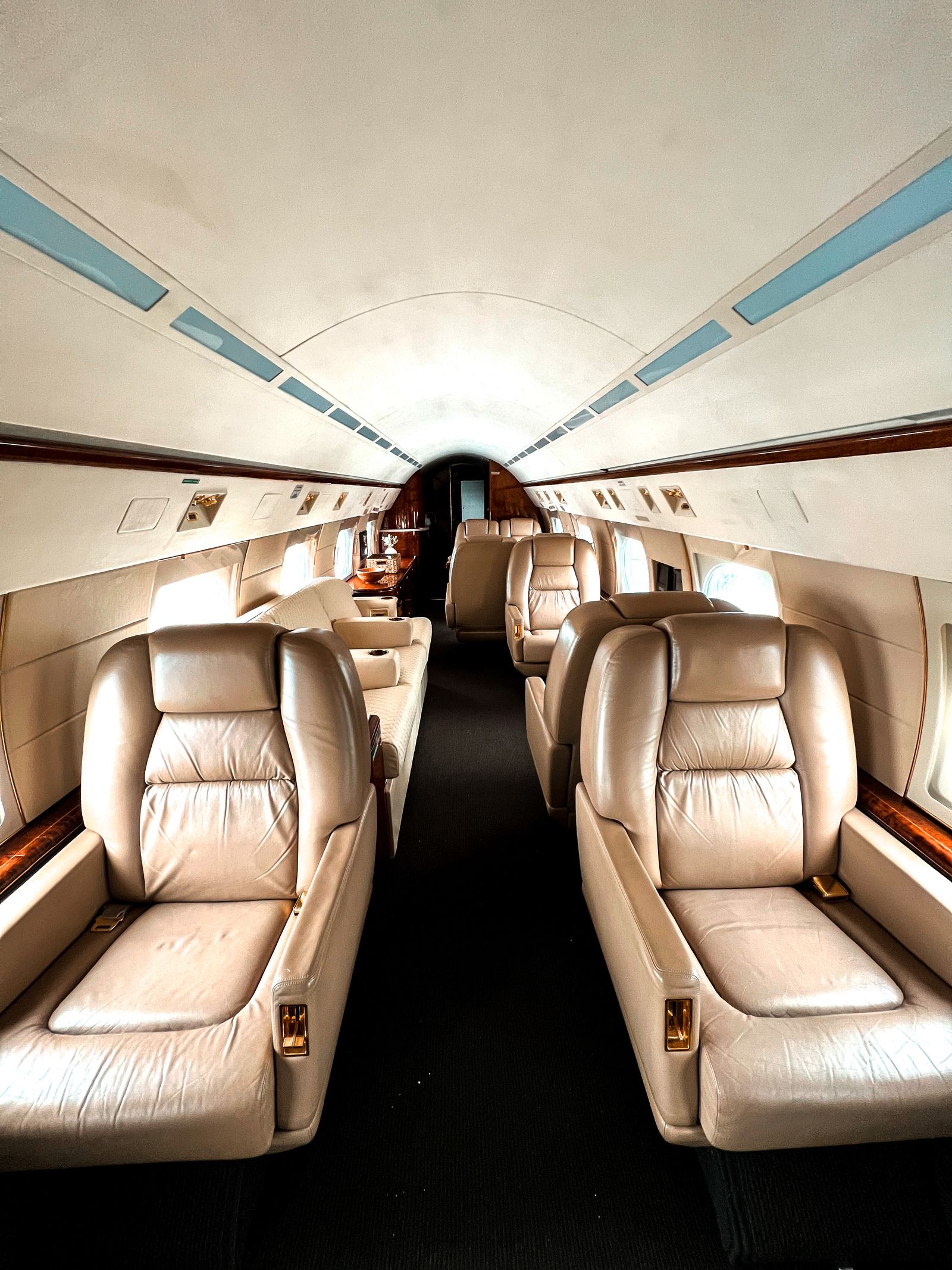 Elegant interior of a private jet showcasing luxurious leather seating
