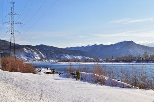 Landscape of a River and Mountains in Winter 