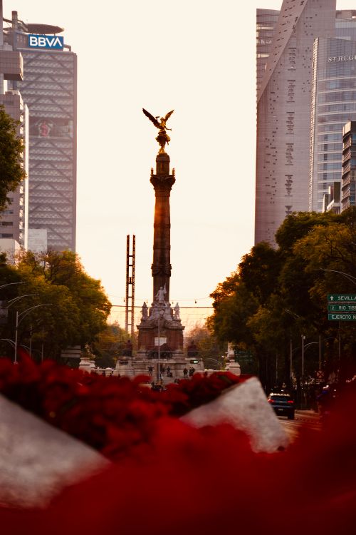 Free The Angel of Independence monument captured at sunset with urban skyscrapers in Mexico City. Stock Photo