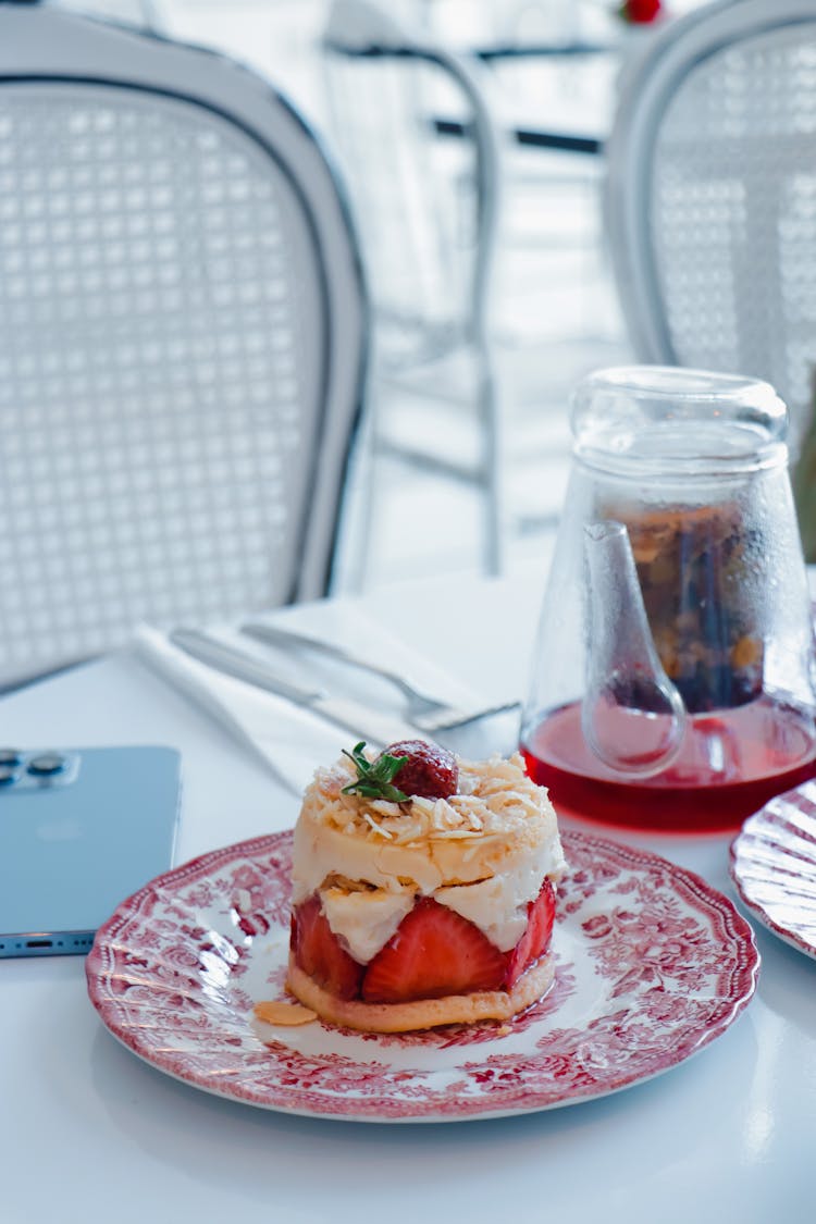 Dessert With Strawberries In Restaurant