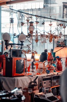 A vibrant vintage store in Istanbul featuring retro electronics and eclectic decor items.