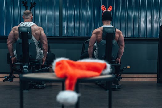 Two muscular men workout in the gym wearing festive reindeer antlers, adding a holiday touch.