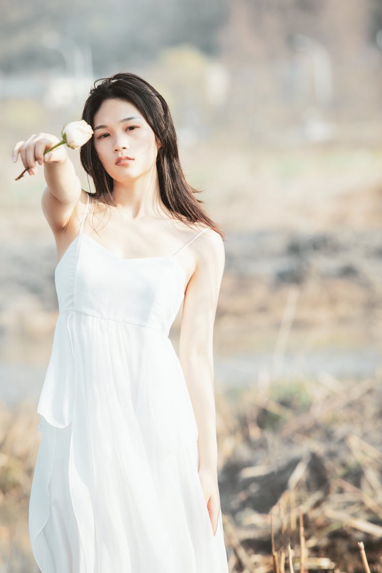 Beautiful Woman In White Dress Holding A Rose