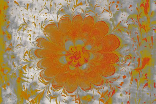 A vivid orange abstract flower pattern on a marbled gray background, showcasing intricate design.