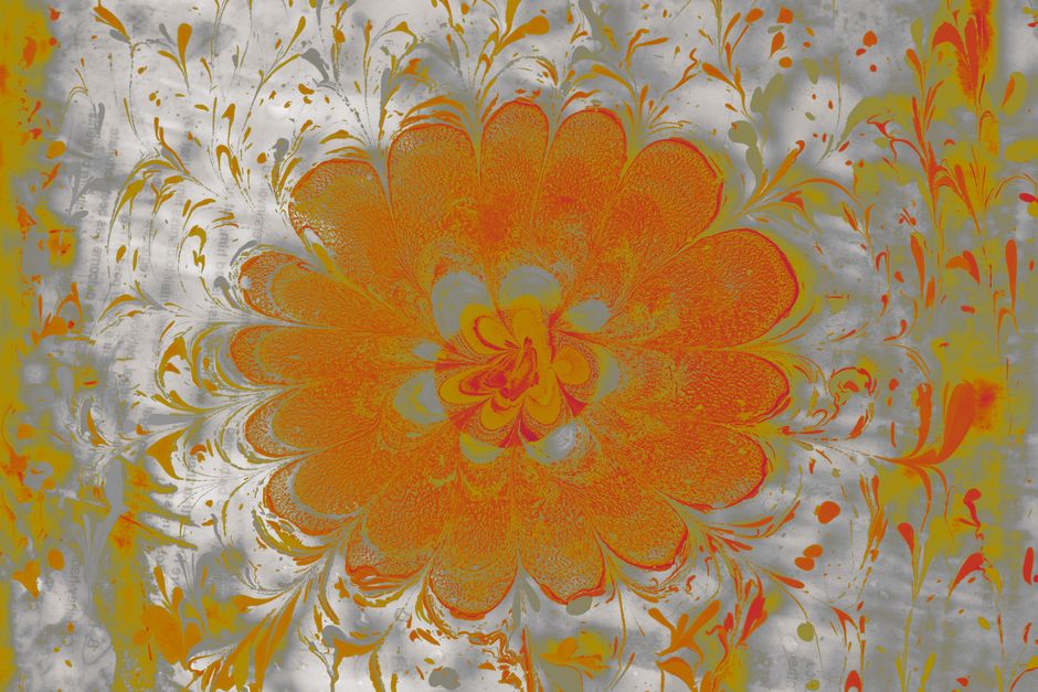A vivid orange abstract flower pattern on a marbled gray background, showcasing intricate design.