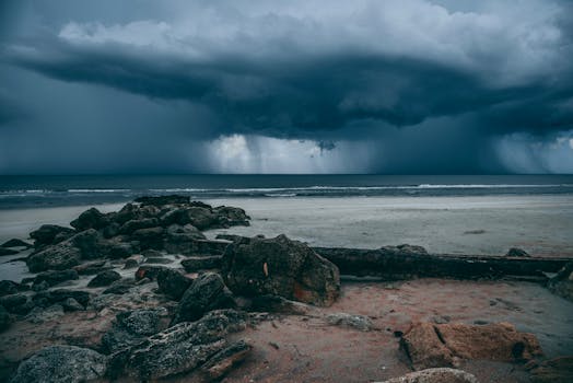 Photo by Connor Scott McManus Moody seascape with storm clouds looming over rocky coastline and driftwood on sandy beach.