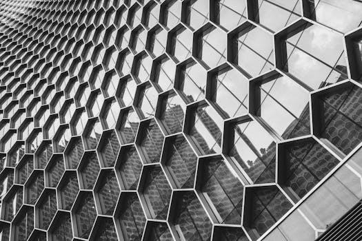 一幅黑白图像，展现了现代建筑立面具有的几何六边形图案