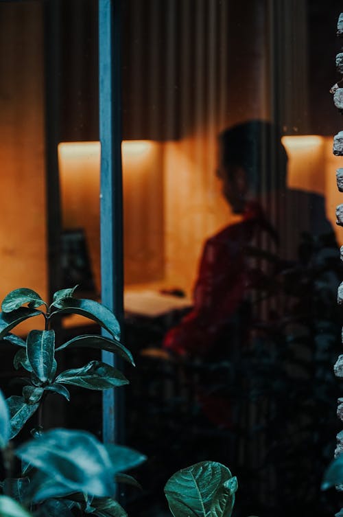 A Man Having a Video Call Using a Laptop Behind the Glass Wall