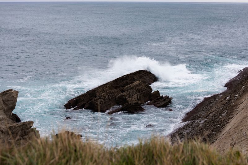 Dynamic scene of ocean waves crashing against rocks on a windswept coastline.