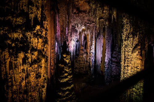 Photo from a Cave with Illuminated Stalactites