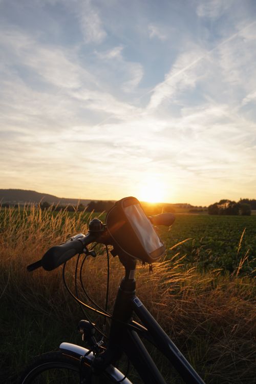 Free A bicycle parked in a rural field at sunset in Bad Münder, Germany. Stock Photo