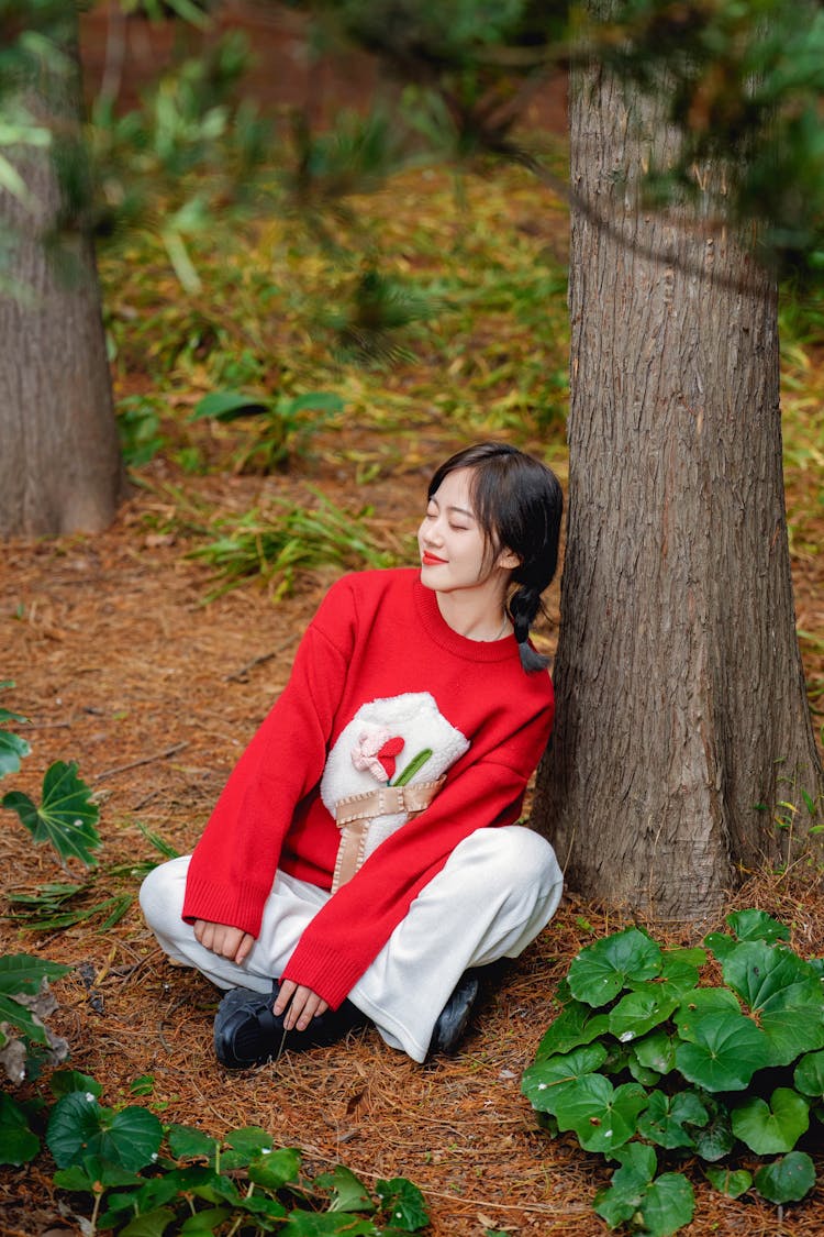 A Woman In A Red Sweater Sitting Beside A Tree