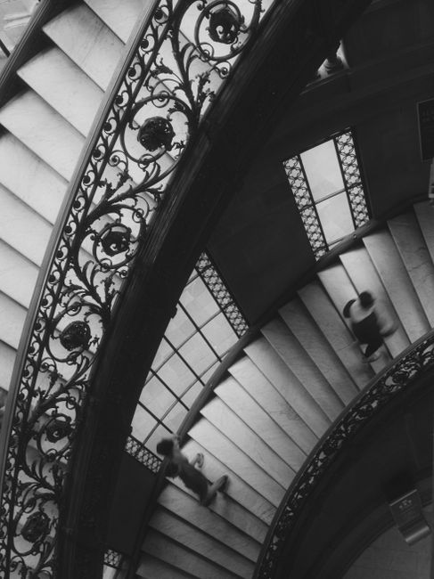 Artistic black and white photo showcasing a spiral staircase with moving figures, emphasizing motion and design.