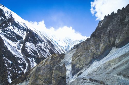 Free Breathtaking view of snow-capped peaks in Manang, Nepal, under a clear blue sky. Stock Photo