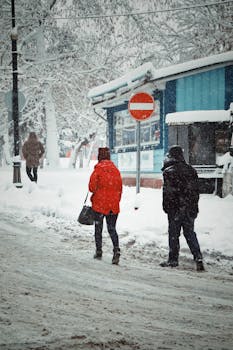 People walking along a snowy street in Malatya, Turkey with snow-covered trees and a no entry sign.