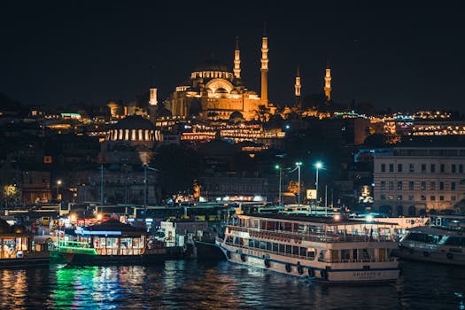 A breathtaking night view of İstanbul showcasing ferries and the illuminated Hagia Sophia.