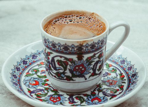 Free A close-up of Turkish coffee in a decorative cup with intricate patterns, set in Istanbul. Stock Photo