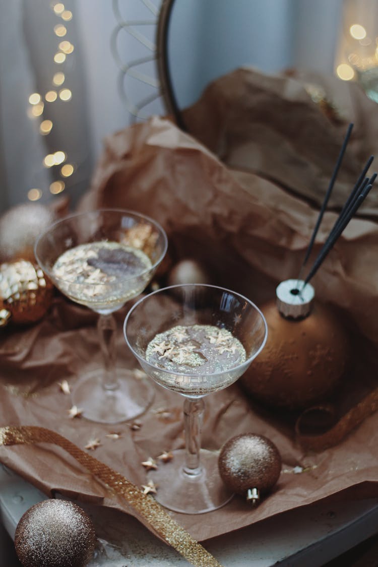 Glasses With Champagne In New Year Decoration