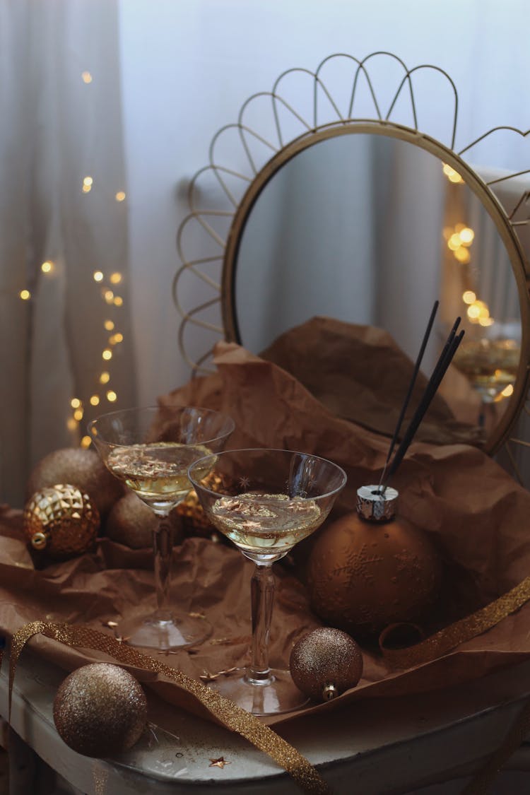 Glasses With Champagne In New Year Decoration