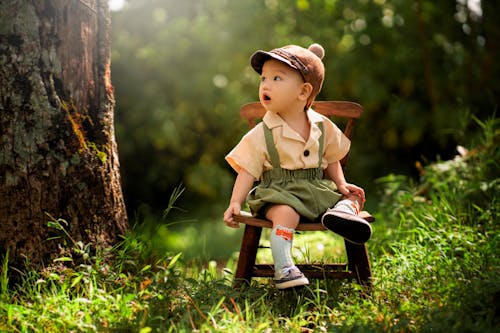 Little Boy Sitting on Wooden Stool in Forest