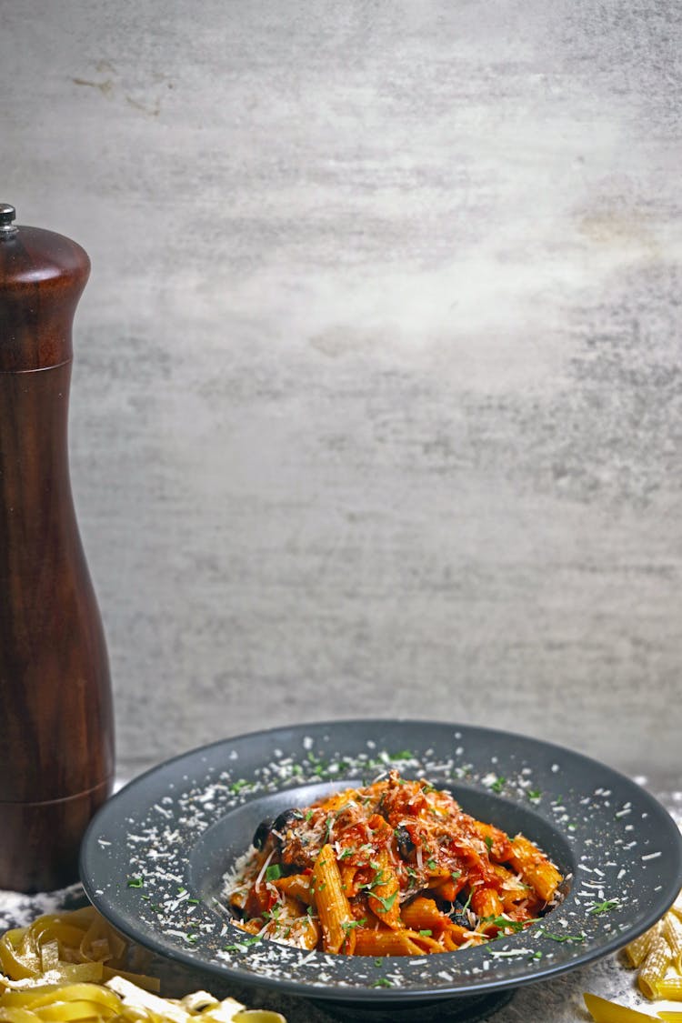 Penne Pasta With Red Sauce On Gray Ceramic Bowl