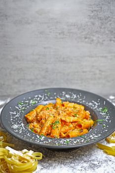 Savor the taste of penne pasta in a rich, creamy tomato sauce garnished with herbs and cheese.