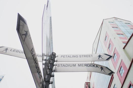 Low angle shot of directional signs in Kuala Lumpur on a cloudy day.