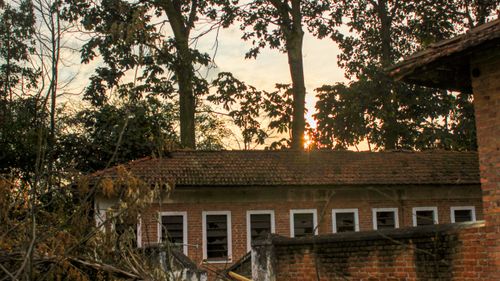 Free Abandoned building with brick facade amidst trees at sunset, creating a serene urban scenery. Stock Photo