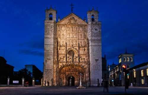 Free Stunning evening view of San Pablo Church's gothic facade illuminated in Valladolid, Spain. Stock Photo