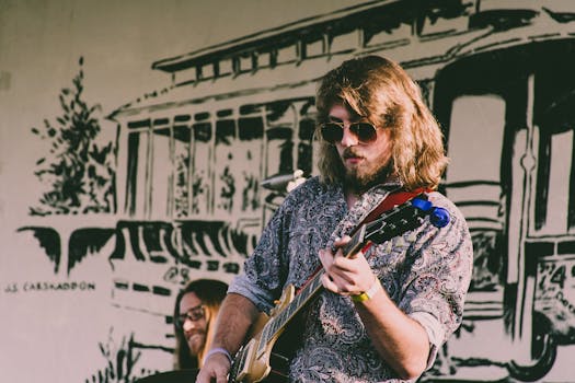 A musician plays guitar on stage, creating a lively music ambiance.