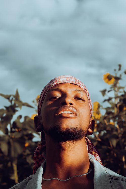 Free Portrait of a young man posing confidently in a sunflower field, Windhoek, Namibia. Stock Photo