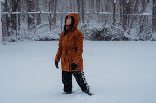 Woman in a Warm Coat Standing Outside in Snow 