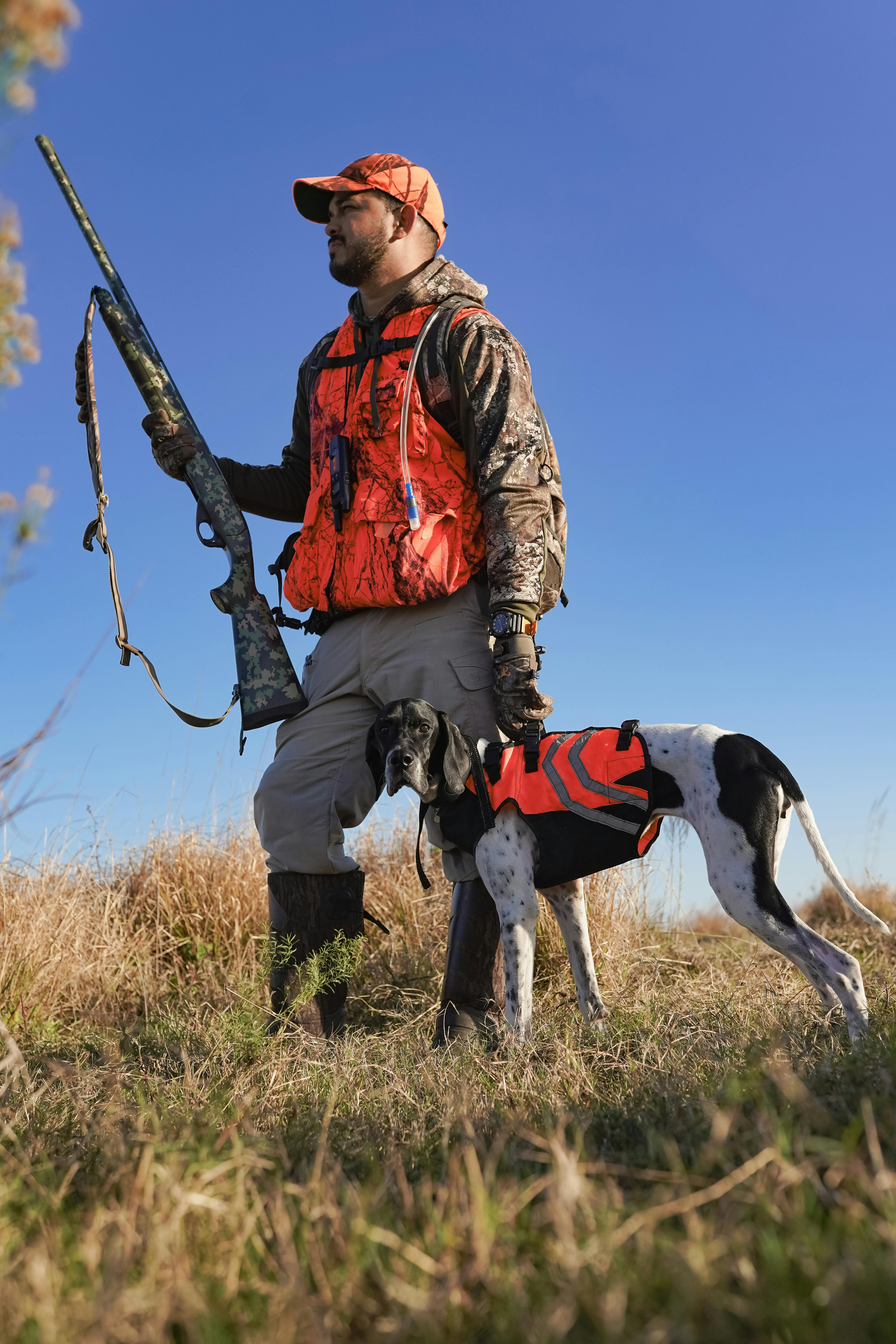 A man in hunting gear with a gun and dog standing in a grassy field under clear blue sky.
