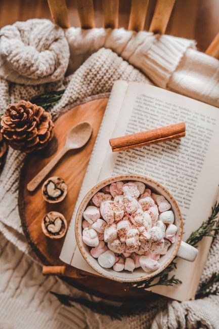 Warm and inviting layout with hot chocolate, an open book, and seasonal decor for a cozy winter vibe.