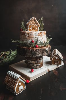Gingerbread houses on a cake with festive decoration, perfect for Christmas.