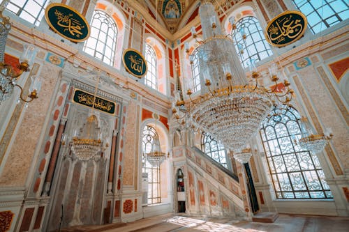 Hanging Chandeliers Inside the Ortakoy Mosque in Istanbul turkey