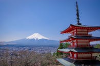 在明亮的蓝天下，日本山县的富士山和中央佛塔构成了标志性的景观