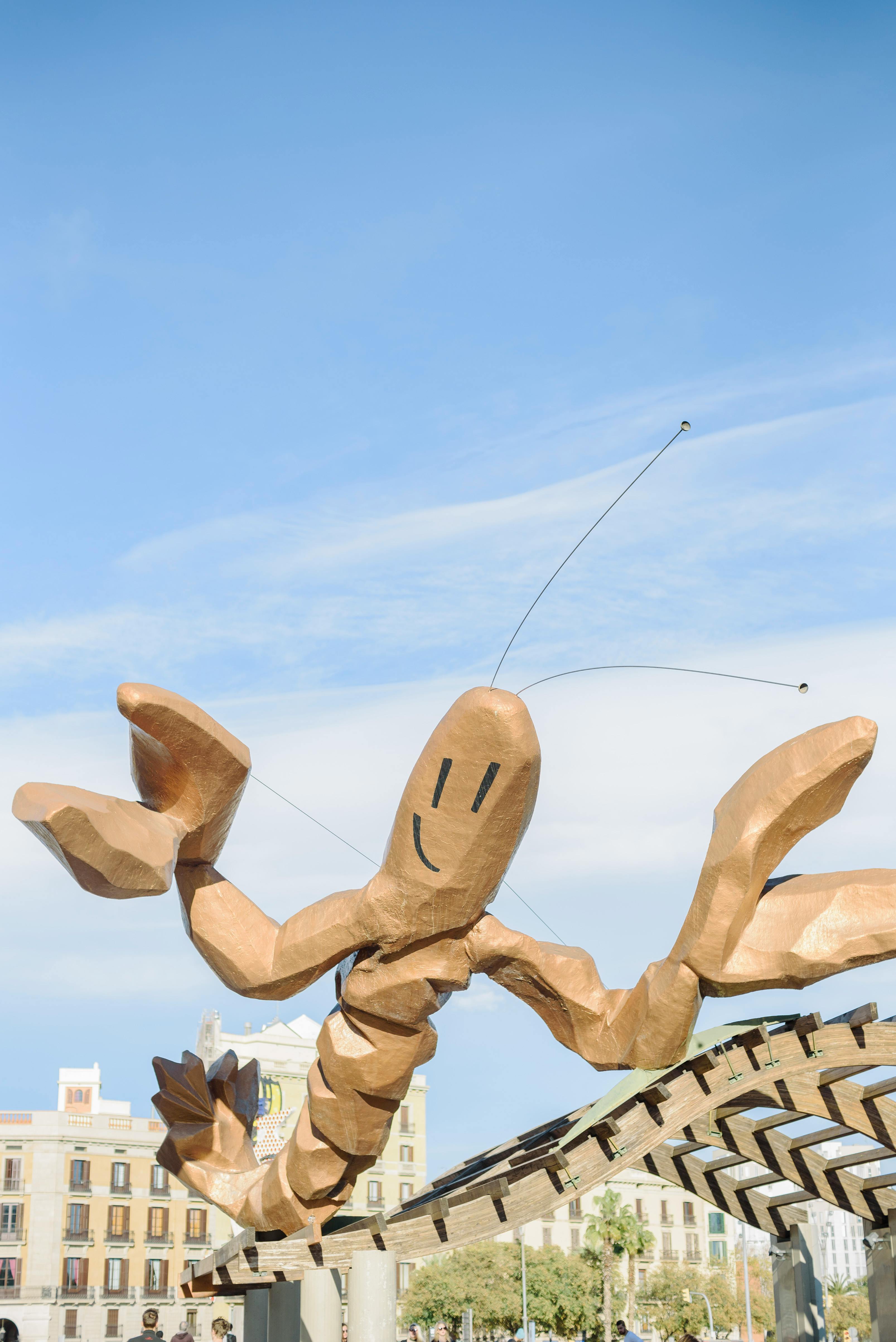 photo of a wooden lobster sculpture in barcelona spain