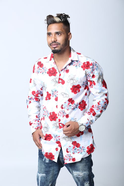 A Bearded Man Wearing Floral Long Sleeves